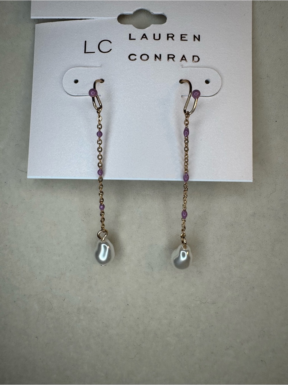 New LC Lauren Conrad Gold Chain Drop Earrings with Purple Beads and Pearl Dangle
